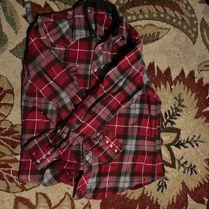 Wrangler red and grey checked pearl snap western 100% cotton flannel shirt